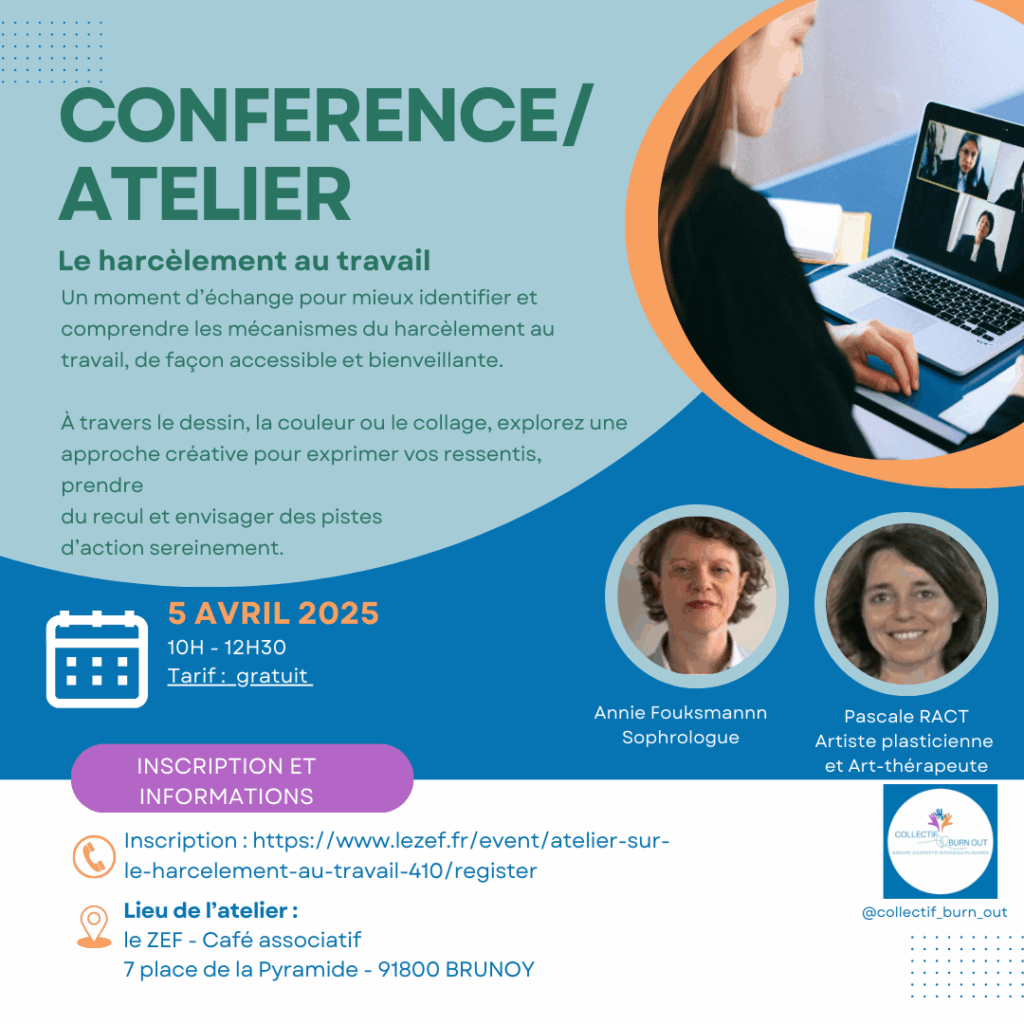 Affiche de la conférence-atelier sur le harcèlement au travail, animée par Annie Fouksmann et Pascale RACT, le 5 avril 2025 au ZEF, café associatif à Brunoy.