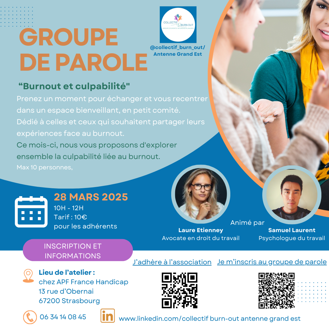 Affiche d’un atelier groupe de parole proposé par le Collectif Burn-Out pour échanger sur le burn-out en toute bienveillance